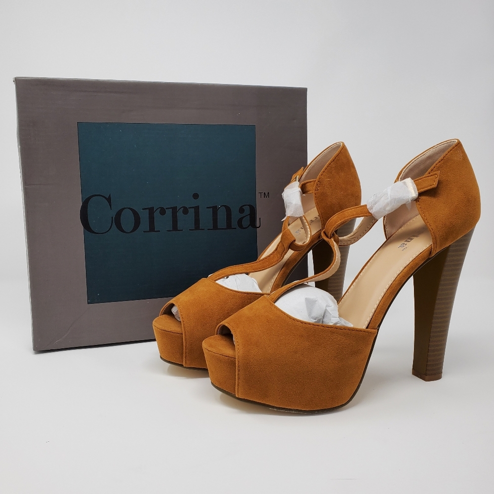 NWT Women Corrina Fiona-10 Camel Suede Peep Toe T-strap Platform Pump